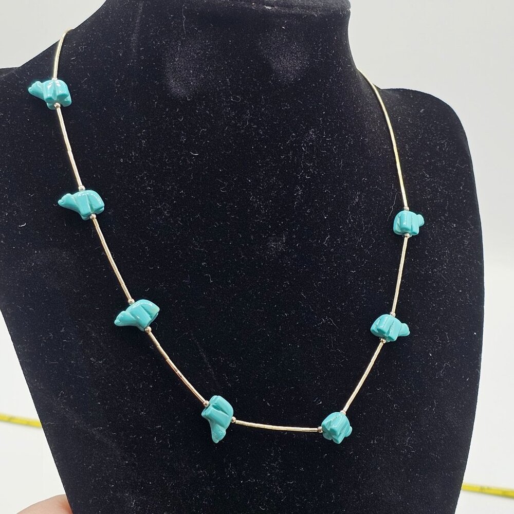 Vintage Turquoise Bear Fetish Bead Stationed Necklace Sterling Silver Chain NWOT